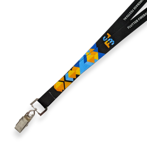 A black custom lanyard with a yellow, orange, and blue branded pattern.