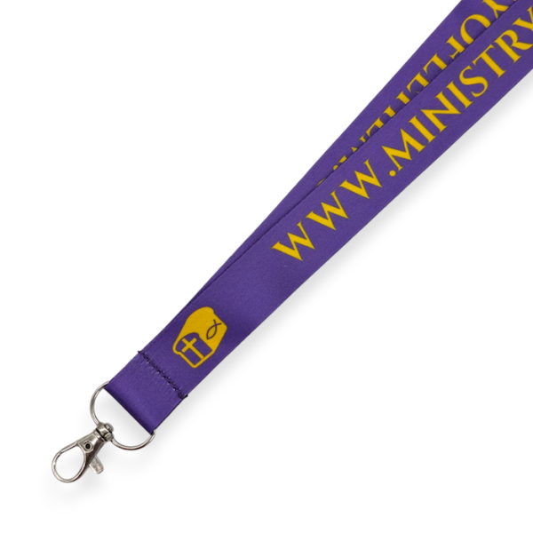 A purple printed lanyard with yellow branding for a methodist church.