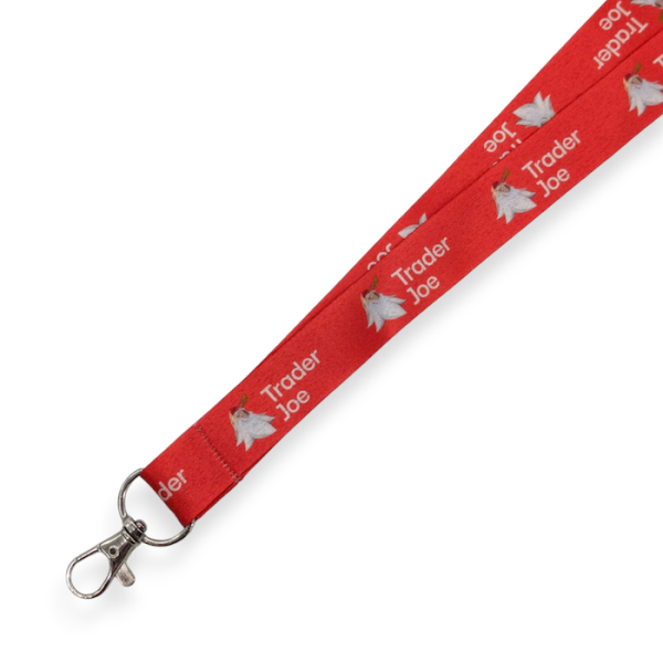 A red printed lanyard with the Trader Joes logo and branding on it.