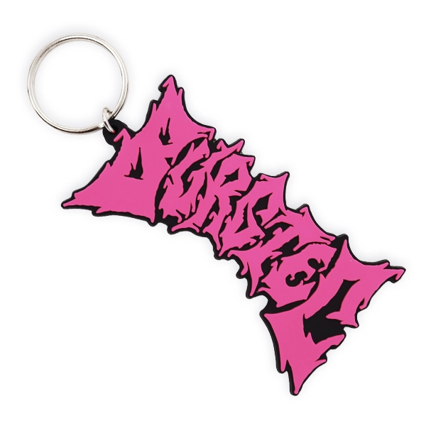 Custom PVC keyring featuring a bold pink logo design with raised rubber detailing, showing how custom PVC keyrings and rubber keyrings can be made in distinctive shapes and colours.