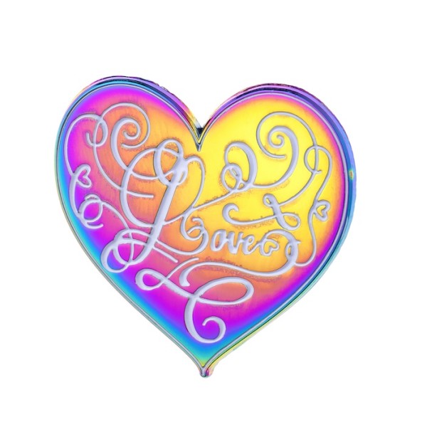 A love heart-shaped rainbow plated badge with a delicate white enamel pattern in the centre.