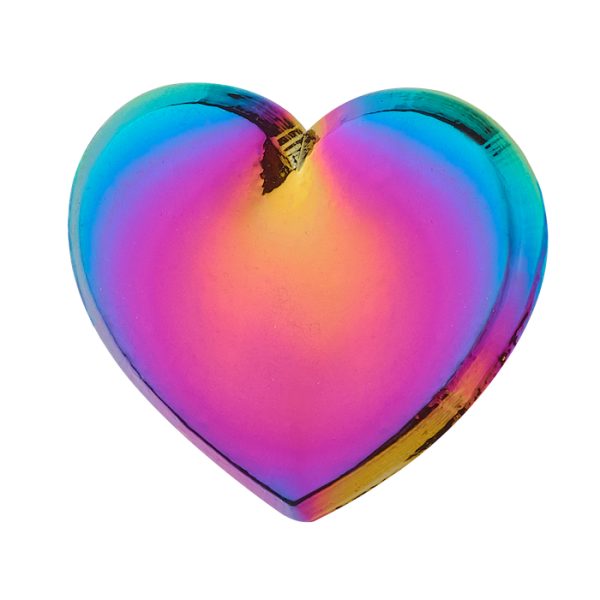 A beautiful and shiny love heart shaped rainbow plated badge.