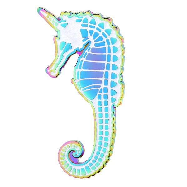 A seahorse shaped enamel pin with a multicoloured rainbow plating and white enamel pattern that make up the creatures details.