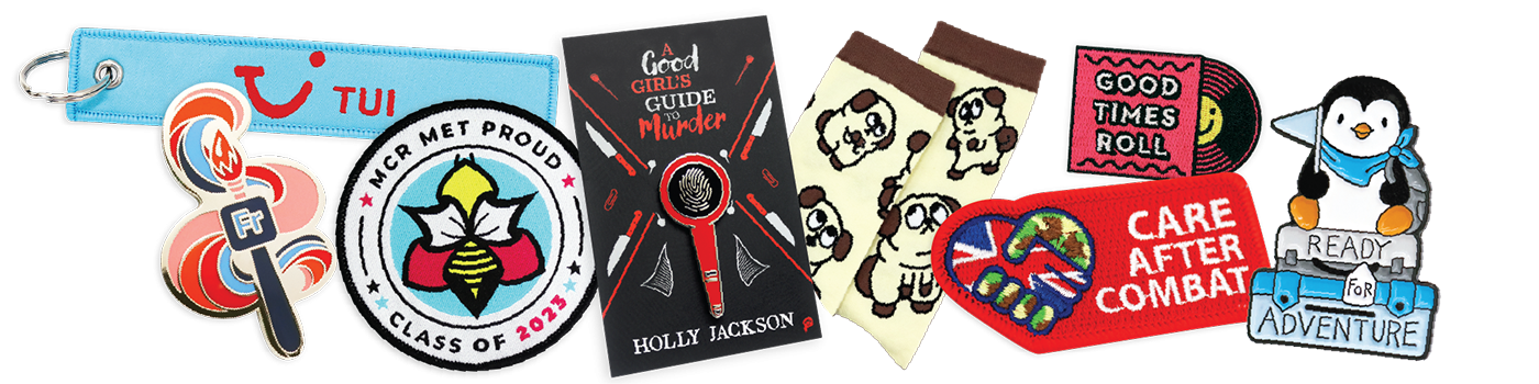 A collection of custom merch produced by Made by Cooper. An MCR school patch, a pair of comic book pug socks, a TUI fabric suitcase keyring, a Good Girl's Guide to Murder pin badge, a Adobe FR hard enamel pin badge, and a Care After Combat veteran's patch