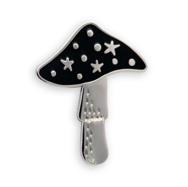 A mushroom pin badges with shining silver plating and black enamel.