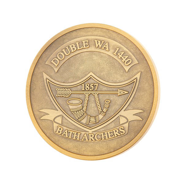 This custom coin depicts the Bath Archers logo and the words Double WA 1440. The coin is gold coloured with a weather effect.