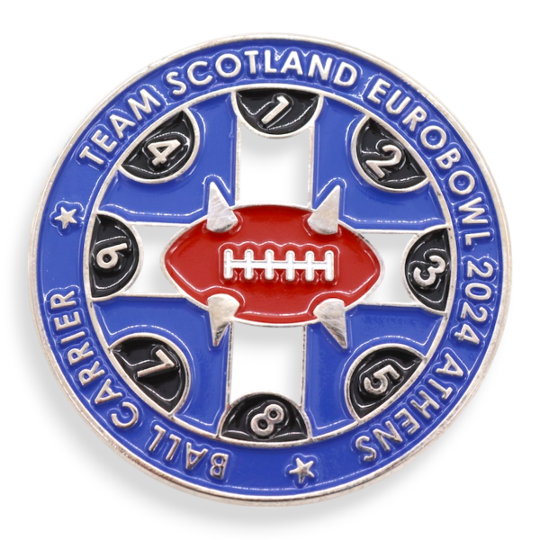 Sports themed custom challenge coin with enamel football design and numbered panels, suitable for double-sided challenge coins.
