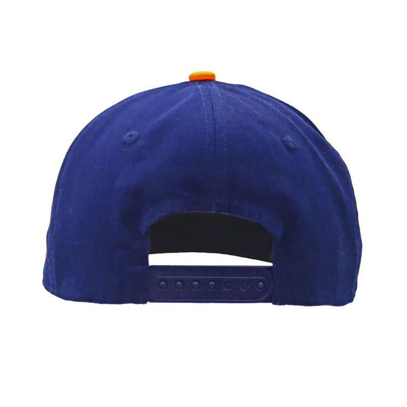 A snapback closure of a custom dark blue baseball cap.