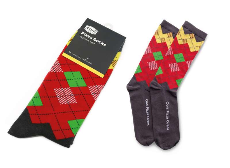 A pair of argyle custom socks where the classic argyle design has been made to look like a pizza.