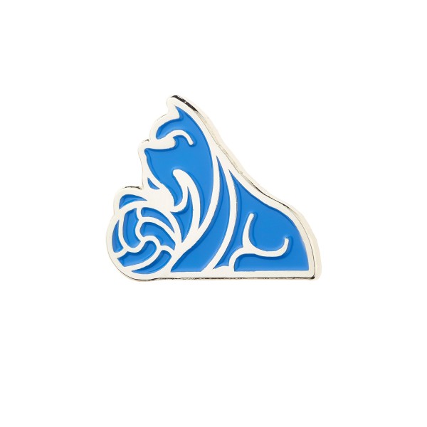 A Huddersfield Town mascot enamel badge. The terrier is blue and has his paw on a football.