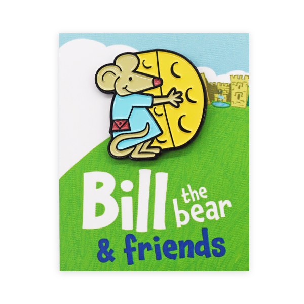 Soft enamel pin badge showing a cartoon mouse hugging a wedge of cheese, mounted on a Bill the Bear and Friends backing card, designed as a character based soft enamel pin badge.
