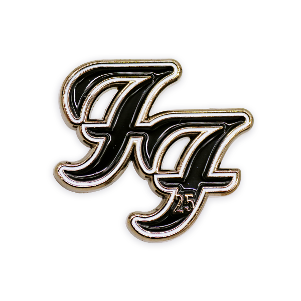 Foo Fighters soft enamel pin badge featuring a stylised black and silver lettermark logo with raised metal outline, designed as a clean branded soft enamel pin badge for clothing or accessories.