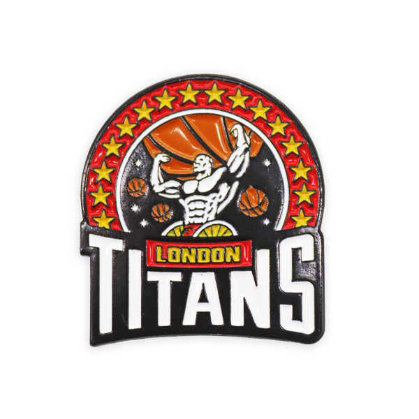 Soft enamel pin badge featuring the London Titans basketball team design with muscular figure, stars and bold lettering, produced as a detailed sports themed soft enamel pin badge.