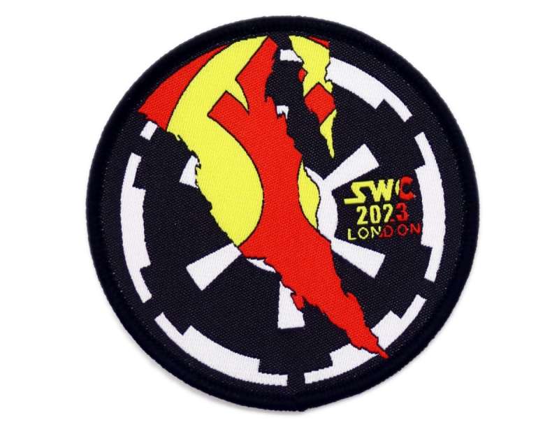 A custom woven patch for Star Wars Celebration 2023. The patch intersects the Star Wars emblems of the Empire and Rebellion.