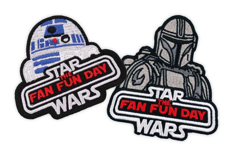 Two embroidered Star Wars patches to commemorate Star Wars Fan Fun Day. R2D2 & The Mandalorian are the main characters.