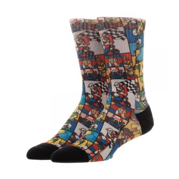 A pair of custom printed socks with Super Mario Bros. patterns all over them.