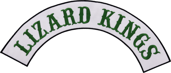 A white biker jacket rocker patch with the words