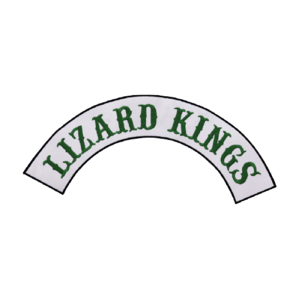 A white biker jacket rocker patch with the words