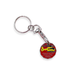 A branded custom trolley coin keyring to raise money for Yorkshire Air Ambulance. The token is red with a yellow helicopter on.