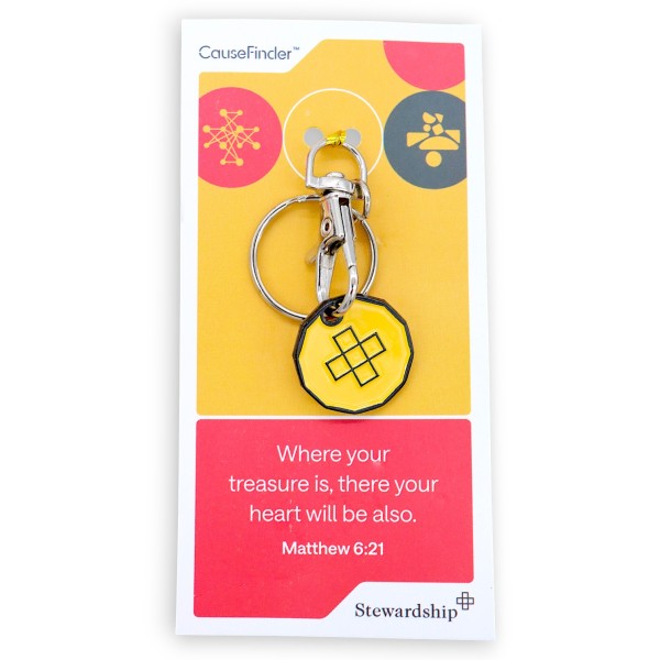 Custom trolley coin keyring with yellow enamel coin and black geometric cross design, attached to metal clasp and ring, displayed on CauseFinder backing card with Matthew 6:21 stewardship message.