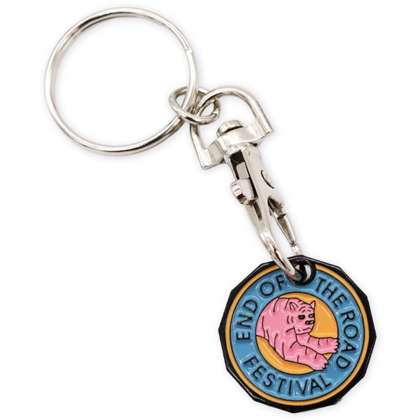 Trolley coin keyring with a colourful End of the Road Festival design, combining a detachable coin and keyring clip as an example of branded trolley coin keyrings.