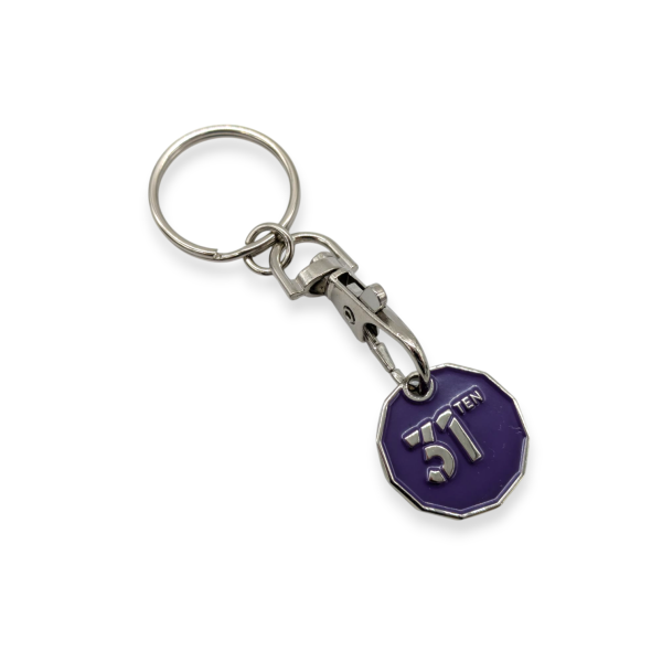 A purple shopping trolley token keyring with the words
