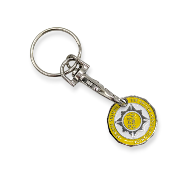 A custom trolley coin token keyring with a yellow logo design.