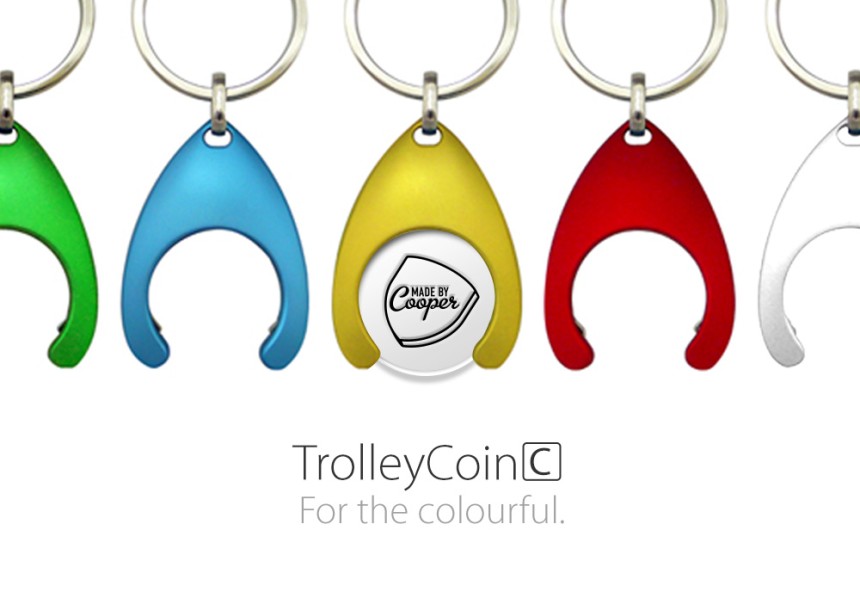 Colourful trolley coin holders that can be personalised.