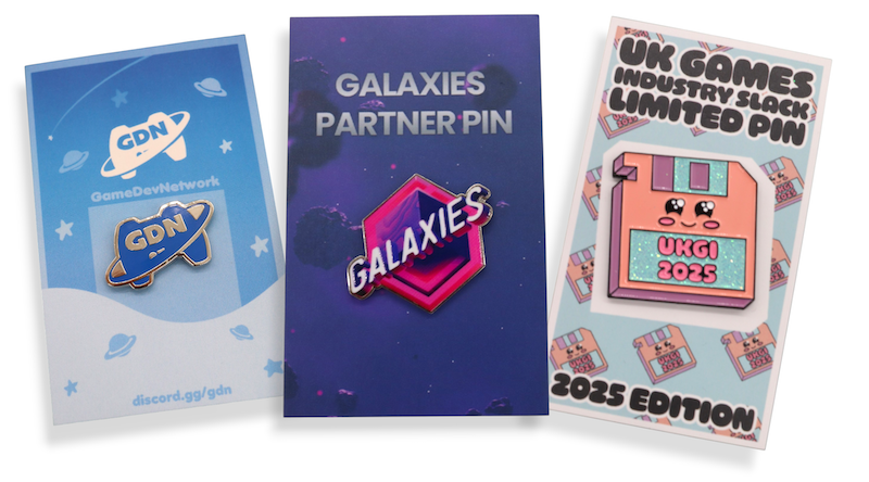 UK games industry pins including GDN and UKGI designs displayed on branded backing cards.