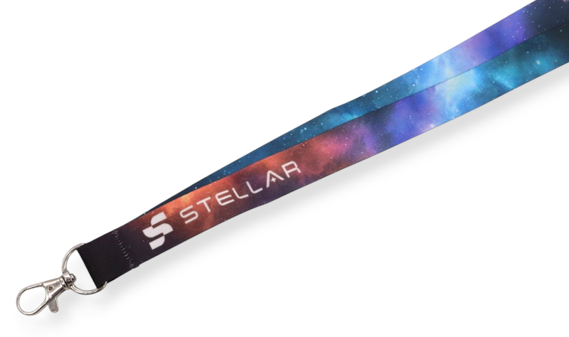 Video game company lanyard with galaxy design and Stellar branding for events and staff use.