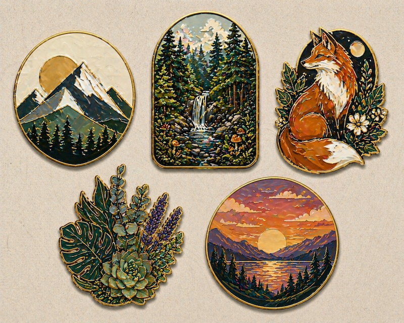 Five highly detailed nature-themed pin badge concepts with complex colours and detail showing AI-generated design exploration.