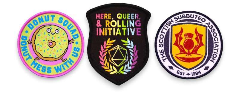Collection of custom woven patches showing detailed logos, floral branding, event badges, and colourful fine thread designs.