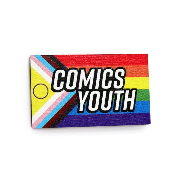 A rectangular wooden lapel pin in the shape of an LGBTQ+ flag features the words