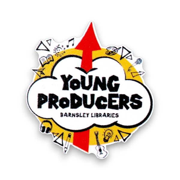 Custom wooden pin badge with “Young Producers Barnsley Libraries” text in bold black font, cloud-shaped design with red arrow and yellow border featuring music, lightbulb and creative icons.