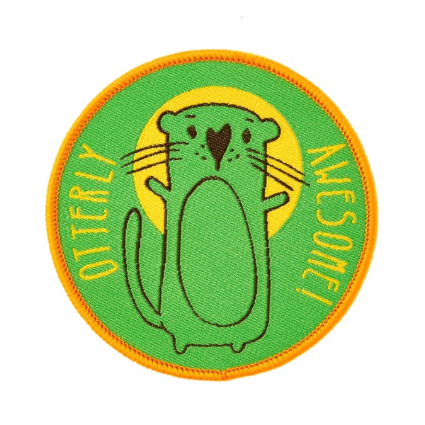 A green and yellow circular woven patch with a cartoon otter that says